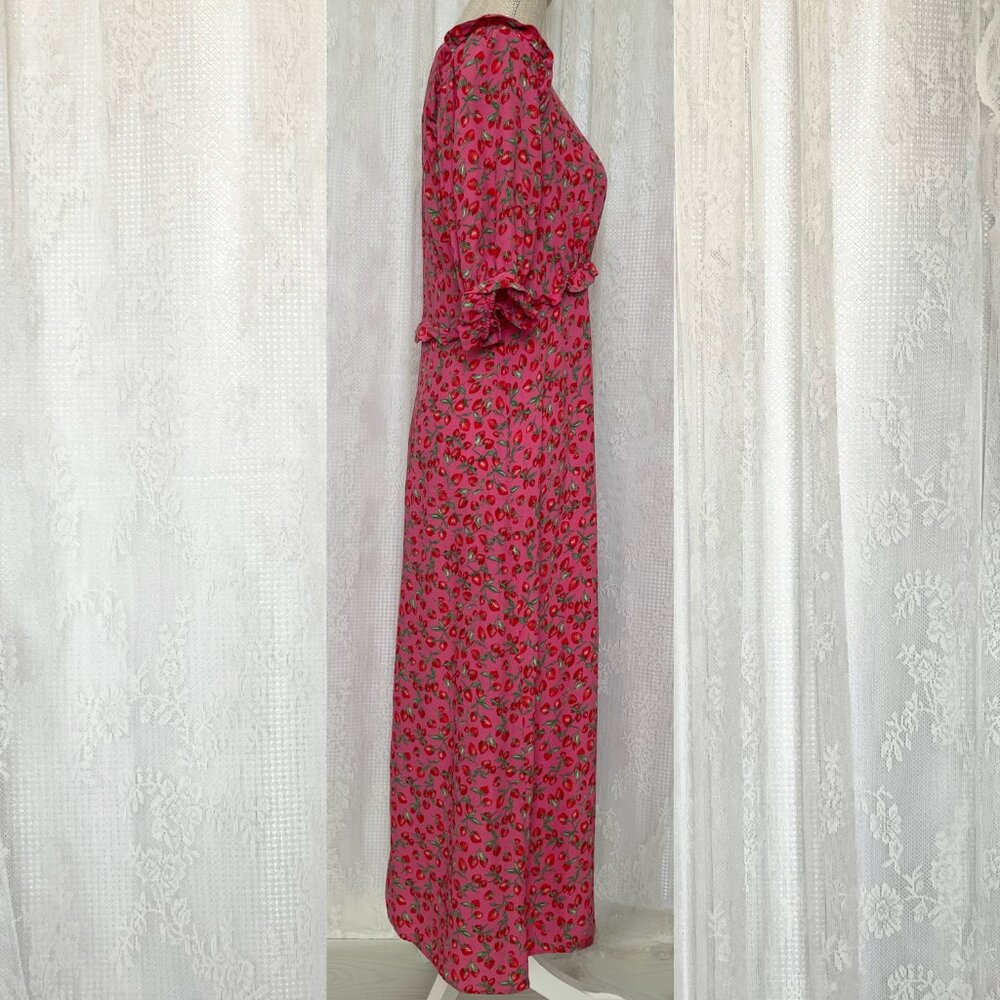 Nobody's Child Women's Midi Maxi Dress 10 Pink Strawberry Ruffle Modest Spring - Picture 2 of 7